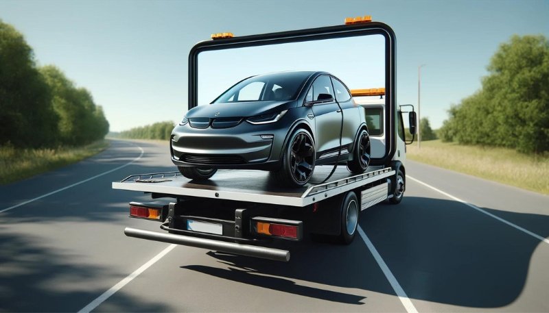 A black electric car on the back of a flatbed tow truck in the middle of a highway.