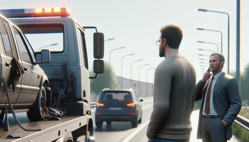 A business man talking on the phone while standing next to a tow truck driver and tow truck.