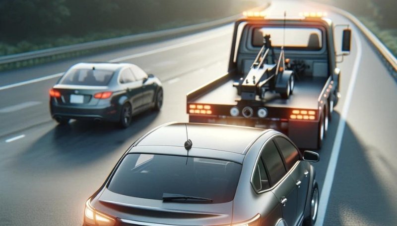 A silver car being towed by a tow truck on the highway.