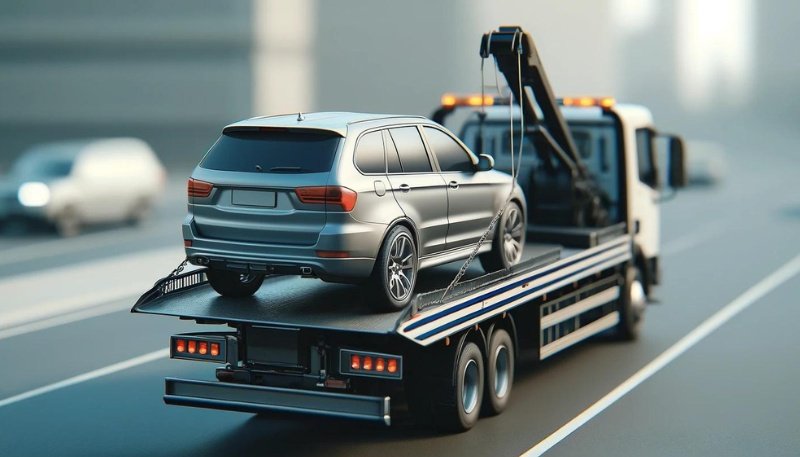 A gray car on the back of a flatbed tow truck being towed down the highway.