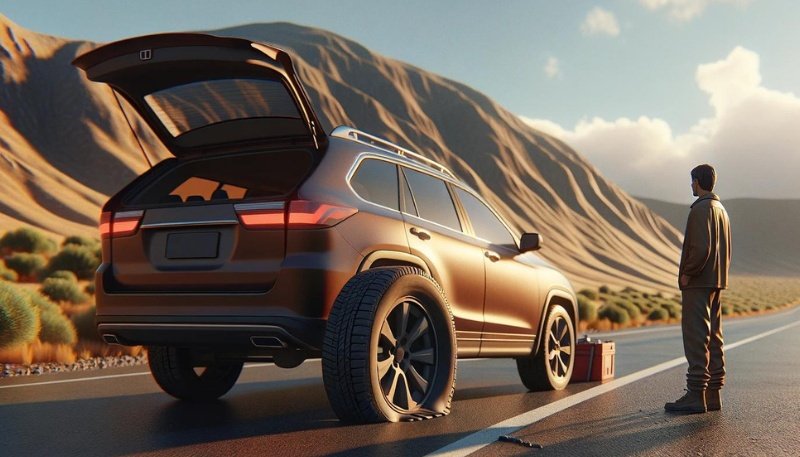 A car on the side of the road with a flat rear tire and open trunk.