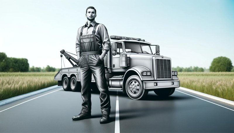 A tow truck driver standing proudly in front of his new tow truck.