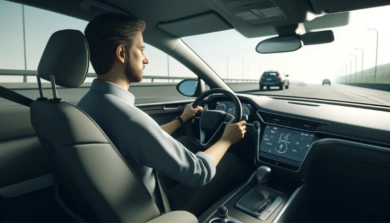 A man driving a car down the highway in a safe manner without any distractions.