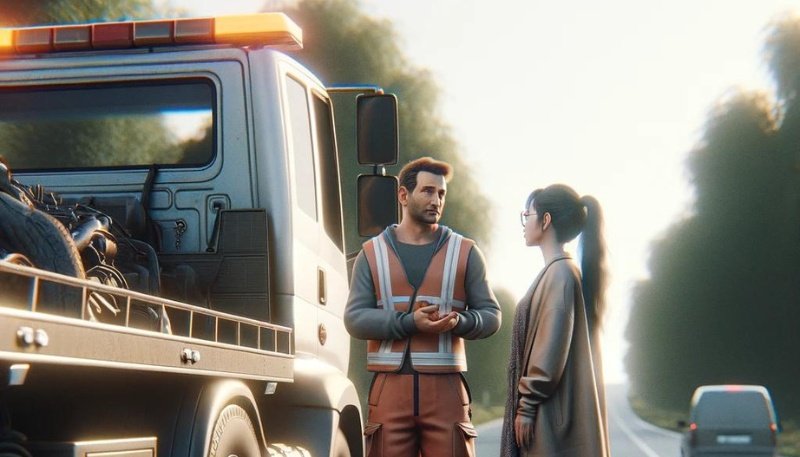 A woman speaking with her tow truck driver while standing beside the truck.