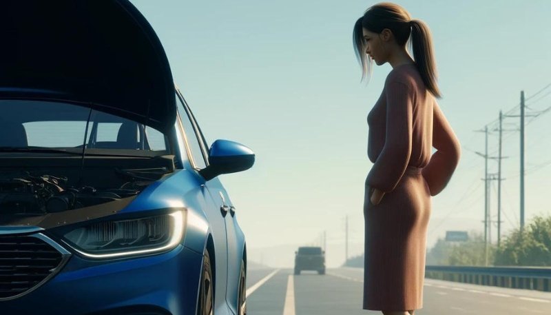 A young woman standing beside her blue car that is broken down on the side of the road.